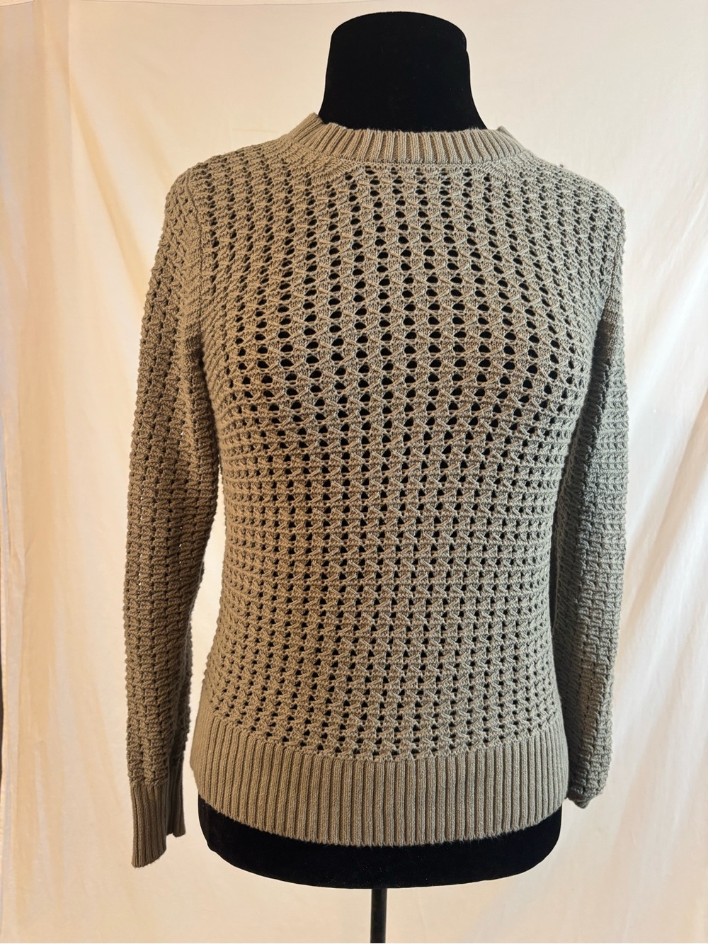 Ricki’s Olive Green Crochet Open Knit Crew Neck Cotton Sweater Coastal Boho XS